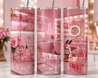Pink Beauty Lab Tumbler Wrap PNG, Skincare Tumbler Design, Makeup Studio Sublimation, 20oz Skinny Tumbler Wrap