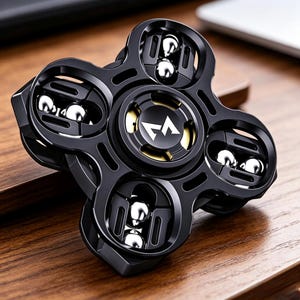 Puede incluir: Spinner de metal negro con diseño de trébol de cuatro hojas. El centro tiene un acento dorado y un logotipo blanco. Cada hoja tiene rodamientos de bolas plateados. El spinner está sobre una superficie de madera.