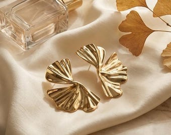 Ginkgo Leaf Statement Earrings, 18k Gold Silver Sculptural Studs, Large Botanical Drop Earrings, Artistic Nature-Inspired Jewelry