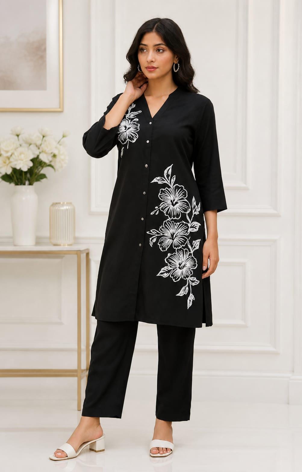 Summer Cotton Kurti Pant Set - Black with White Floral Print Lightweight & Breezy Indian Outfit