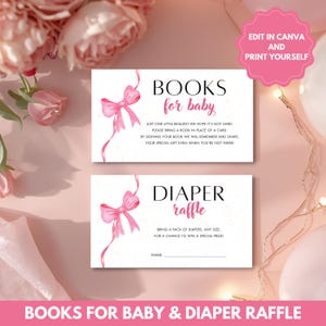 Pode incluir: Dois cartões retangulares brancos com uma ilustração de laço rosa em aguarela. O cartão superior diz BOOKS for baby com um pedido de livros em vez de cartões. O cartão inferior diz DIAPER raffle com uma linha para o nome.
