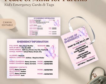 Biglietti di emergenza con farfalle viola e rosa, etichette per bambini in età scolare / Modificabili e stampabili con Canva / Essenziali per il ritorno a scuola / Per mamme e famiglie