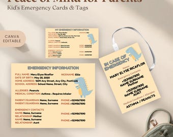 Tarjeta de emergencia para niños, plantilla editable de información de contacto médico infantil con un lindo dinosaurio T-Rex amarillo en Canva, etiquetas de identificación, imprimible de seguridad para el regreso a clases.