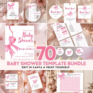 May include: A collection of pink baby shower templates, including invitations, menus, thank you tags, and prediction cards. The designs feature pink bows and floral accents. The text includes "Baby Shower" and "Edit in Canva & Print Yourself."