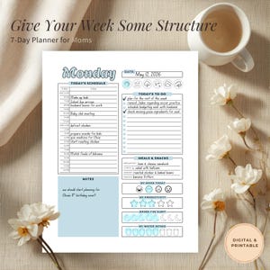May include: A 7-day planner page titled Monday with sections for a schedule, to-do list, meals, snacks, mood, productivity, sleep, and water intake. The document includes handwritten text and icons for weather, dated May 12, 2026, with a notes section.