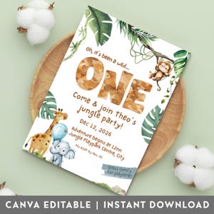 May include: A jungle-themed birthday party invitation featuring the word "ONE" in a textured font. The invitation includes illustrations of a giraffe, elephant, and monkey. Text reads "Come & join theo's jungle party!" and "Adventure begins at 12nn".