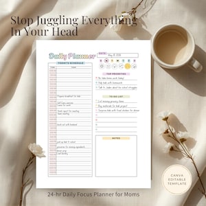 May include: A daily planner template featuring a 24-hour schedule, top priorities, a to-do list, and a notes section. The header reads Daily Planner with a date of May 18, 2026. The text Stop Juggling Everything In Your Head is visible.