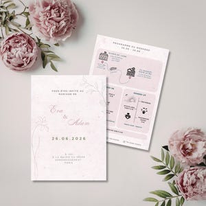 Puede incluir: Dos tarjetas de invitación de boda con detalles florales y texto. La tarjeta principal dice "Eva & Adam 26.06.2026" e incluye la ubicación en París. La segunda tarjeta es un programa de fin de semana. Peonías rosas y vegetación en el fondo.