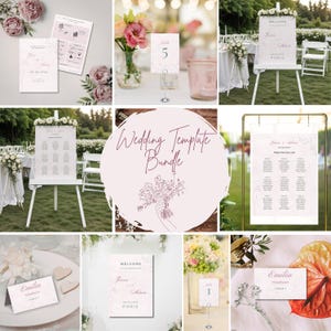 Peut inclure: Ensemble de modèles de papeterie de mariage, comprenant des numéros de table, des plans de table et des panneaux de bienvenue. Les motifs présentent des accents floraux et des palettes de couleurs douces. Le texte "Wedding Template Bundle" est visible.