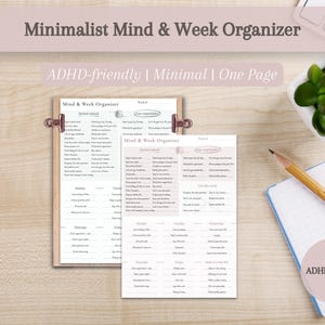 Peut inclure: Deux organisateurs minimalistes esprit et semaine avec un design rose clair et blanc, maintenus par des clips couleur cuivre. Le texte "Minimalist Mind & Week Organizer" et "ADHD-friendly | Minimal | One Page" sont visibles. Un crayon, un carnet et une plante sont également dans l'image.