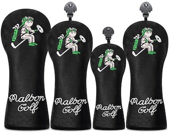 Capas para tacos de golfe Malbon Pilot Wood Driver WF Hybrid em couro preto.