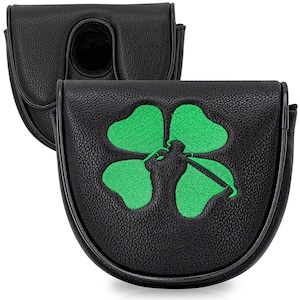 Puede incluir: Funda negra para putter de golf con un tr&eacute;bol de cuatro hojas verde bordado y una silueta de golfista. La funda tiene una superficie texturizada y un cierre magn&eacute;tico. Dise&ntilde;ada para proteger la cabeza del palo de golf.