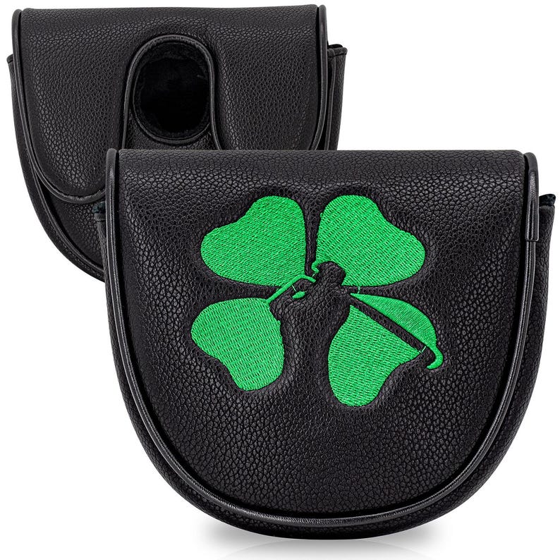 Puede incluir: Funda negra para putter de golf con un tr&eacute;bol de cuatro hojas verde bordado y una silueta de golfista. La funda tiene una superficie texturizada y un cierre magn&eacute;tico. Dise&ntilde;ada para proteger la cabeza del palo de golf.