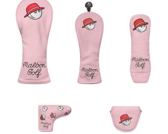 Capas de couro para cabeças de tacos de golfe Malbon, incluindo modelos para lâminas e mallets, na cor rosa.