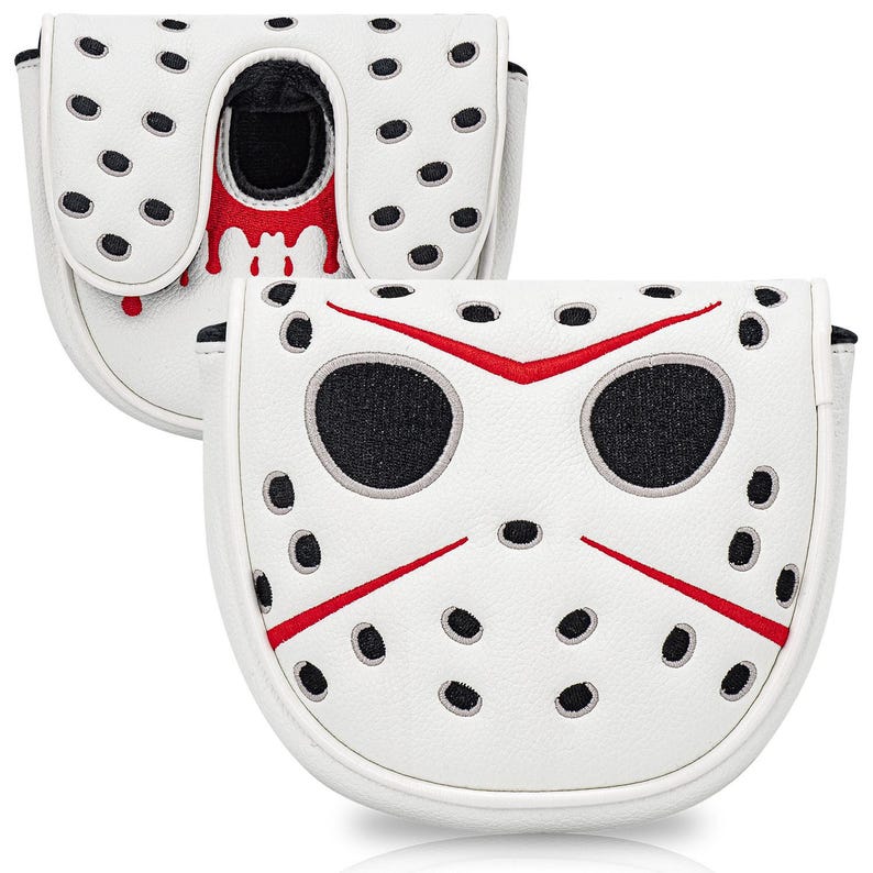 Puede incluir: Dos fundas blancas para la cabeza del palo de golf con un tema de pel&iacute;cula de terror. Una funda presenta un dise&ntilde;o de m&aacute;scara con agujeros negros para los ojos, detalles en rojo y puntos negros. La otra funda tiene un dise&ntilde;o de m&aacute;scara similar con salpicaduras de sangre.