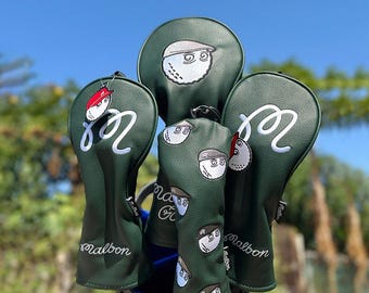 Copritesta in pelle per driver e ibridi Malbon Golf Club, colore verde.