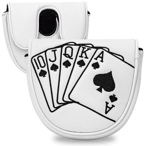 Puede incluir: Funda blanca para putter de golf con un bordado negro de escalera real de picas. La funda est&aacute; hecha de un material texturizado y tiene un cierre magn&eacute;tico. El dise&ntilde;o incluye los n&uacute;meros 10, J, Q, K y A.