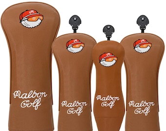 Capas para tacos de golfe Malbon, modelo Driver WF Hybrid, em couro marrom.