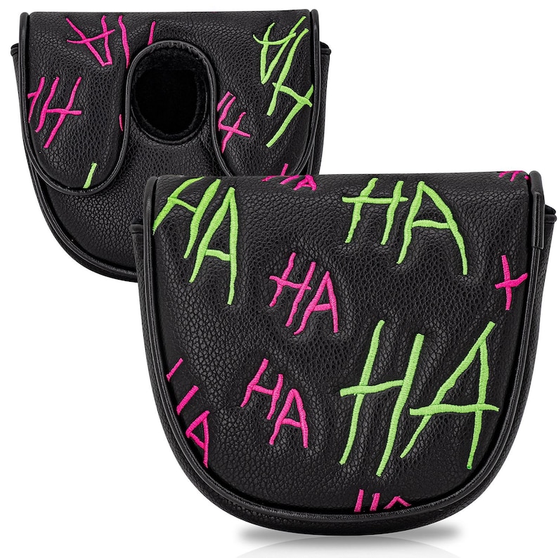 Pu&ograve; includere: Copertura per putter da golf nera con superficie strutturata. La copertura presenta la parola "HA" ricamata in verde neon e rosa. Ha una chiusura magnetica e un foro per l'asta del putter.