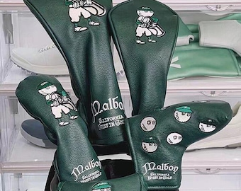 Capas de couro para cabeças de tacos de golfe Caddie Malbon, incluindo modelos blade e mallet, na cor verde.