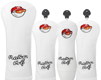 Capas para tacos de golfe Malbon, modelo Driver WF Hybrid, em couro branco.