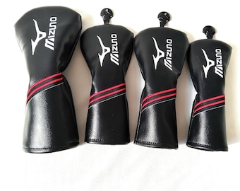 Capas de couro para cabeças de tacos de golfe Mizuno, na cor preta.