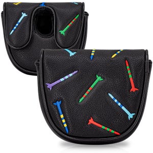 Pu&ograve; includere: Copertura per la testa del putter da golf nera con disegni di tee da golf ricamati colorati. La copertura &egrave; realizzata in materiale strutturato e presenta una chiusura magnetica. I tee sono rossi, verdi, blu e gialli.