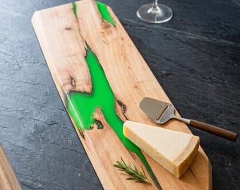 Large Cherry Wood and Green Resin Appetizer Board | Handcrafted Charcuterie Board | Wooden Serving Tray