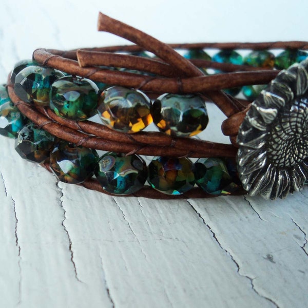 Boho Leather Wrap Bracelet, Sunflower Bracelet, Blue Orange Brown,  Sunset Colors, Bohemian StyleBohemian Chic