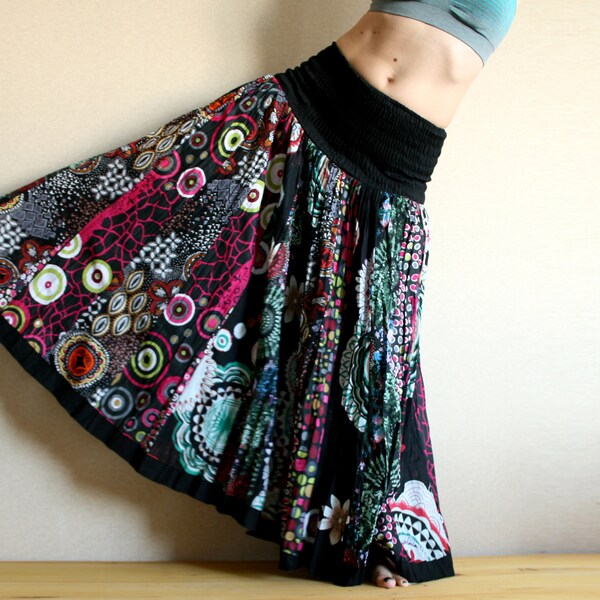 Multicolor Long skirt - Patchwork Maxi Skirt - Fluffy skirt - Gypsy Skirt -  - Peasant Skirt - Black Blue Red and Pink multicolored skirt