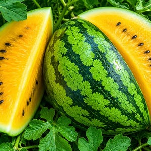 May include: A close-up of a yellow watermelon slice with black seeds next to a whole watermelon with green patterned rind. The watermelons are surrounded by green leaves.
