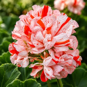 May include: A cluster of geranium flowers featuring white petals with vibrant red stripes and fine red speckles throughout. The flower head is dense and rounded, showcasing a mix of solid red segments and white areas covered in small red dots.