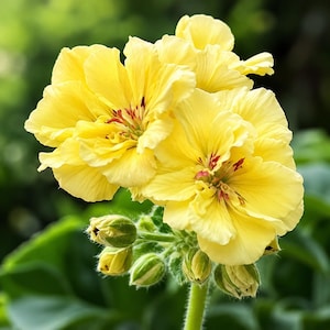 May include: A cluster of bright yellow geranium flowers with ruffled petals and deep red markings at the center. The bloom is accompanied by several small, unopened green buds on a fuzzy, light green stem, showcasing a vibrant floral display.
