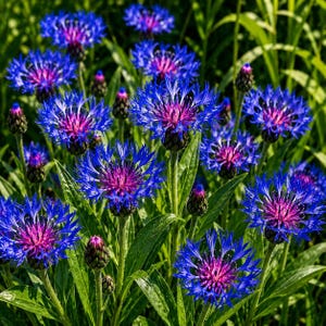 May include: A cluster of vibrant blue cornflowers with purple centers and green foliage. The flowers are in full bloom, showcasing their delicate, fringed petals. The image captures the natural beauty of these wildflowers.