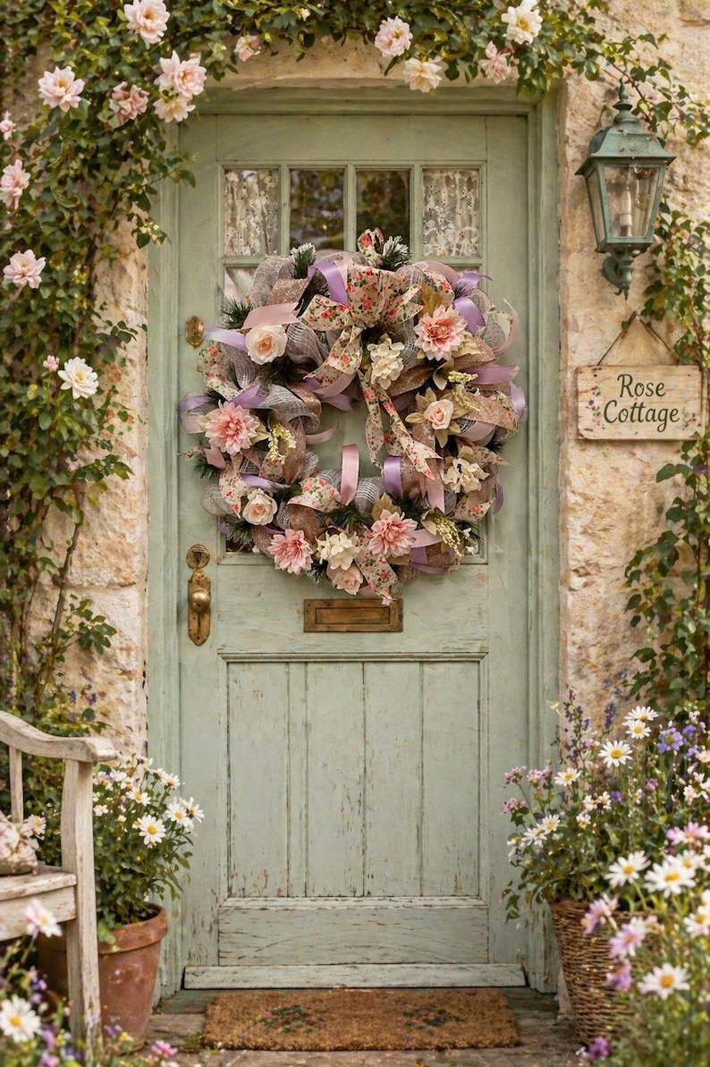 Blush Garden Romance Wreath, Elegant Pink & Cream Floral Door Wreath ...