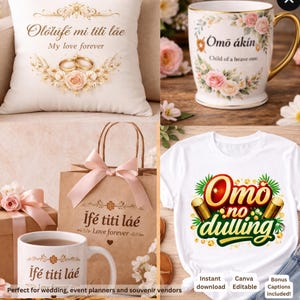 May include: A selection of wedding-themed products. Includes a white cushion with gold text and rings, a white mug with floral details, a brown gift bag with a pink bow, and a white t-shirt with a graphic design.