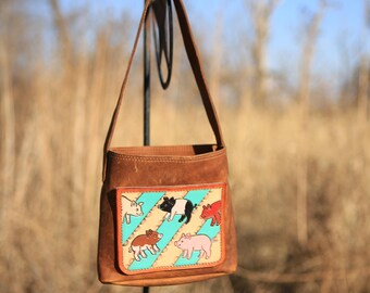 This Little Piggy Mini Shoulder Bag, Hand Tooled, Leather, Cowhide