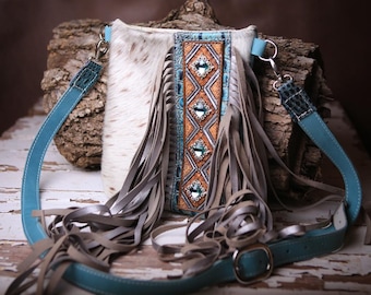 Teal Diamond Crossbody Bag, Hand Tooled, Leather, Cowhide