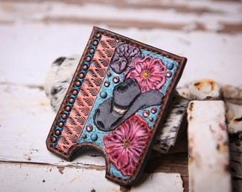 Cowboy Hat and Florals Leather Card Holder Wallet