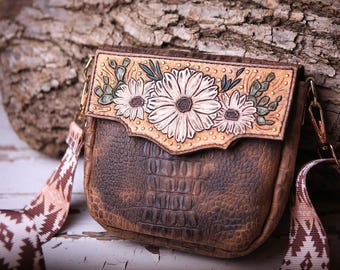 Winter Florals Crossbody Bag, Hand Tooled, Leather, Cowhide