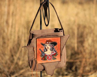 Vintage Sharpshooter Shoulder Bag, Hand Tooled, Leather, Cowhide