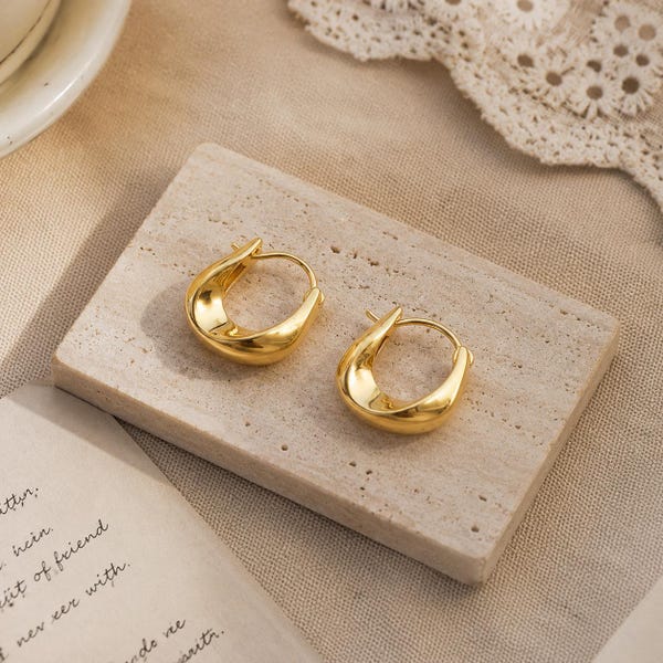 Twisted Curved Gold Huggie Hoop Earrings | 925 Sterling Silver, Hypoallergenic, Birthday Jewelry Gift