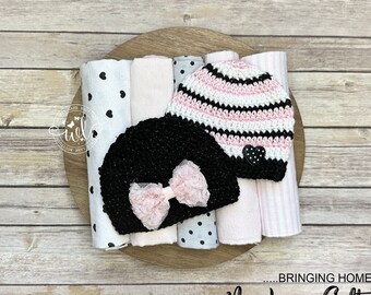 Conjunto de manta y sombrero de recepción para recién nacidos / Sombrero de San Valentín para bebés / Traje para ir a casa / Traje rosa y negro / Prop de foto para recién nacidos / Manta de corazón