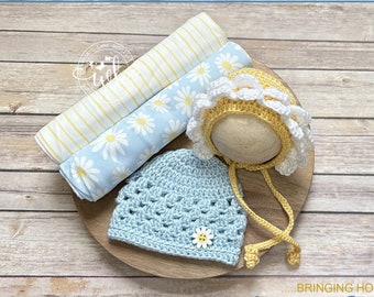 Conjunto de gorro y manta para niña recién nacida, capó de flores de bebé, manta de margaritas, fotos del hospital, regalo de la ducha del bebé, accesorio de la foto, síndrome de Down, envoltura