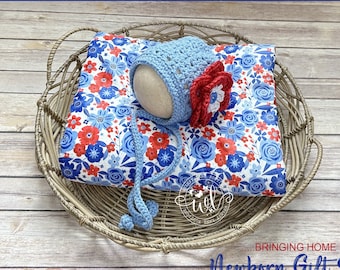 Newborn Girl Hat & Blanket Set | Baby Patriotic Hat | Red White Blue | 4th Of July Photo Prop |  Floral Blanket | Military Baby | Bonnet