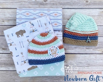 Newborn Receiving Blanket and Hat Set, Hospital Baby Gift, Going Home Outfit, Baby Wild One Prop,  Baby Shower Present, Outdoor Baby