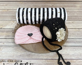 Conjunto de manta y sombrero para recién nacidos / Sombrero de San Valentín para bebés / Atuendo para ir a casa / Rosa y negro / Accesorio para fotos de recién nacidos / Manta de corazón dorado / Regalo de ducha