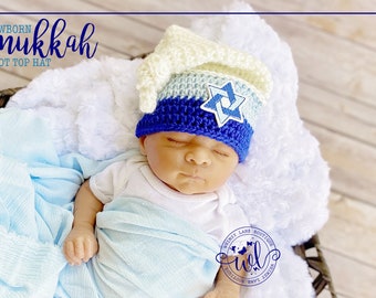 Recién nacido Hanukkah Top Knot Sombrero, Estrella de David, Crochet blanco y azul sombrero, traje de casa de vacaciones, bebé foto Prop