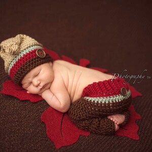 Newborn Top Knot Hat And Pants Outfit, Crochet Striped Hat, Boy Photo Prop image 1