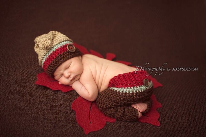 Newborn Top Knot Hat And Pants Outfit, Crochet Striped Hat, Boy Photo Prop image 1